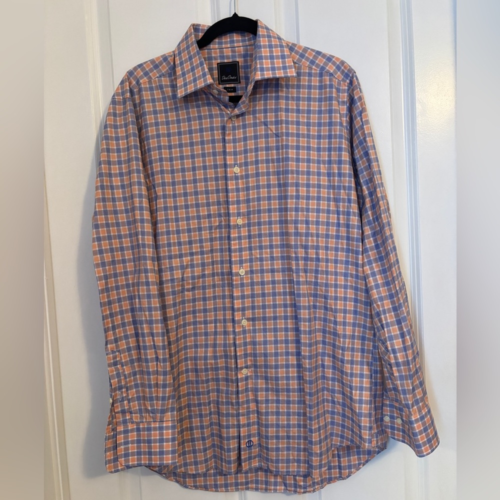 David Donahue Blue and Orange Plaid Trim Shirt.  Size 16.5 34/35. Cotton